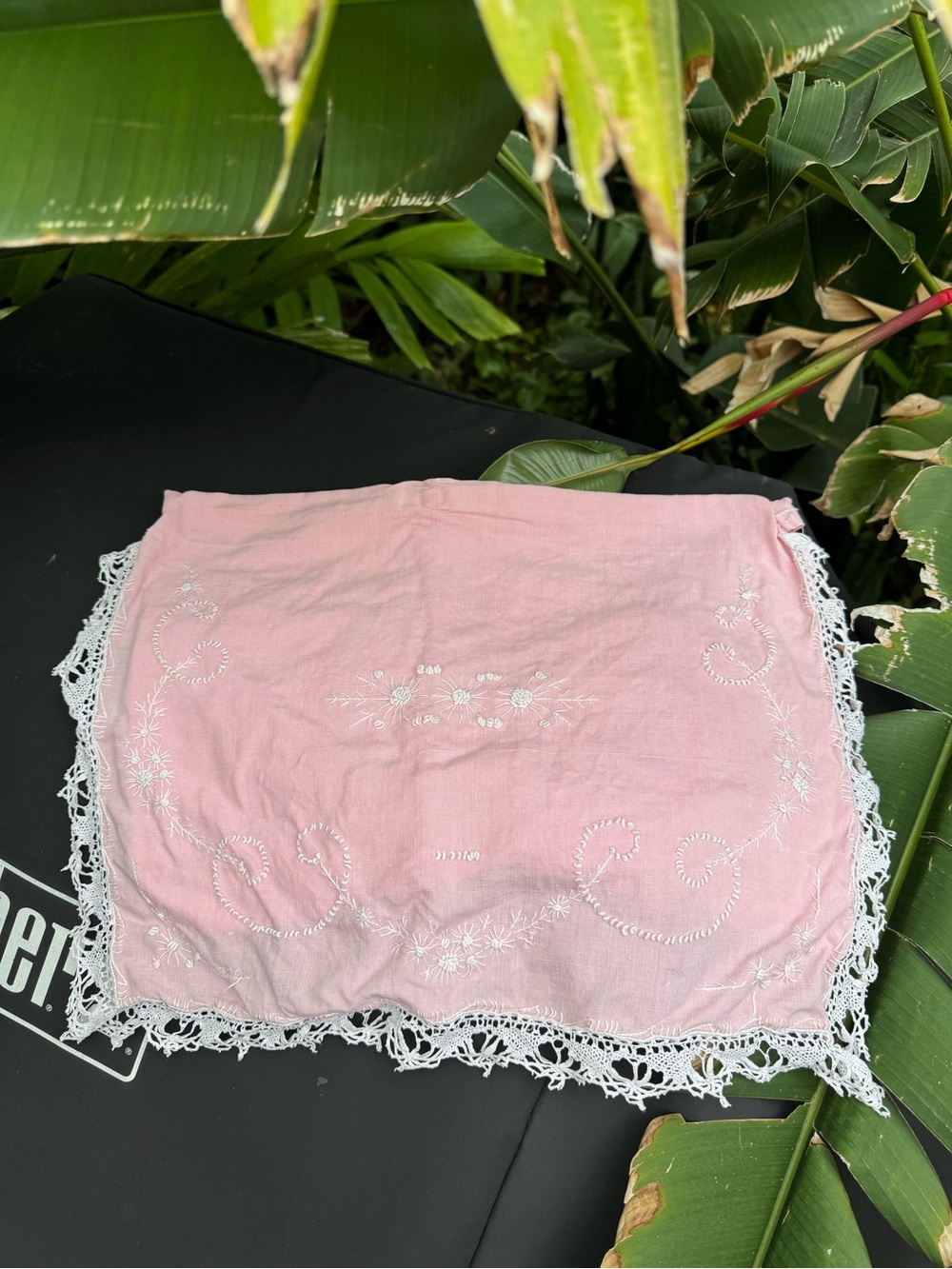 French Vintage Pink Linen Pajama Case – Hand Embroidered Floral Lace Trim 15"